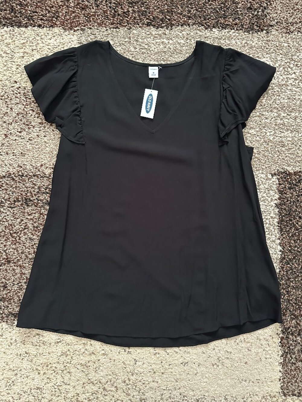 OLD NAVY (M) Black Flutter Sleeve V-Neck Top Blouse BlackJack Jack Solid Basic